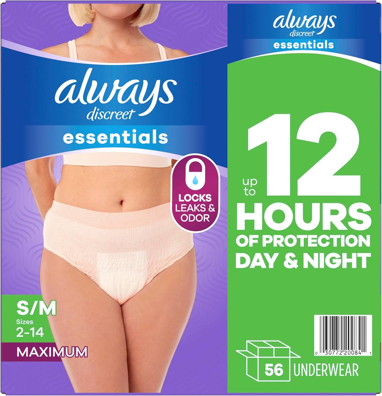 Always Discreet Essentials Adult Diapers for Women, Size S/M, 56 Count