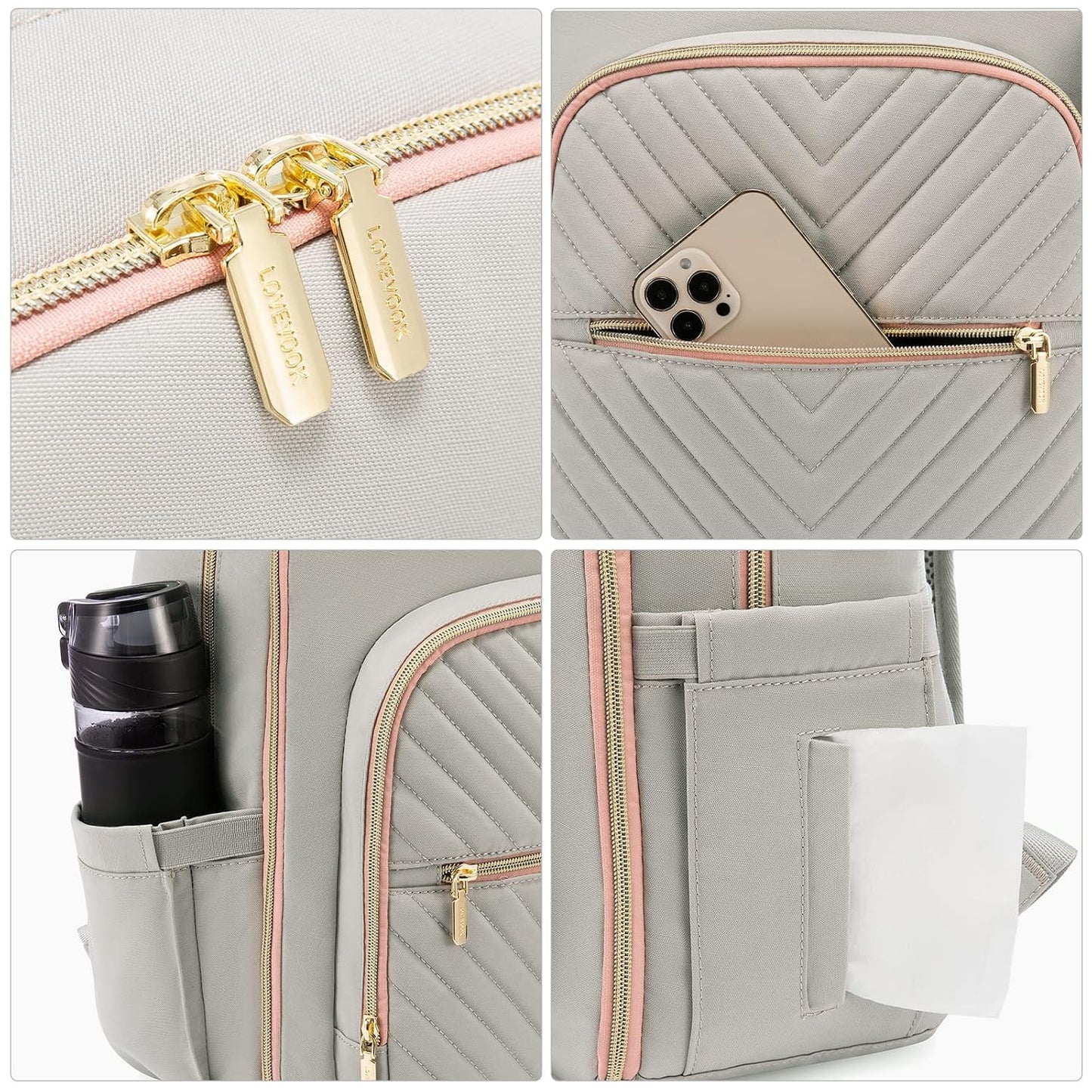 LOVEVOOK Diaper Bag Backpack, Quilted Baby Bag with Changing Pad & Pacifier Holder, Light Grey