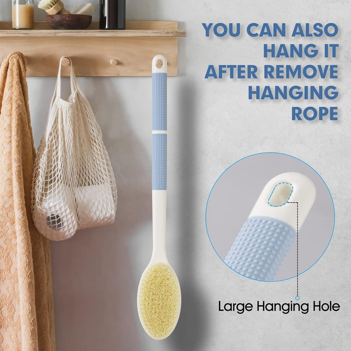Back Scrubber Anti Slip for Shower, Shower Brush Long Handle with Stiff and Soft Bristles, Body Exfoliator for Bath or Dry Brush