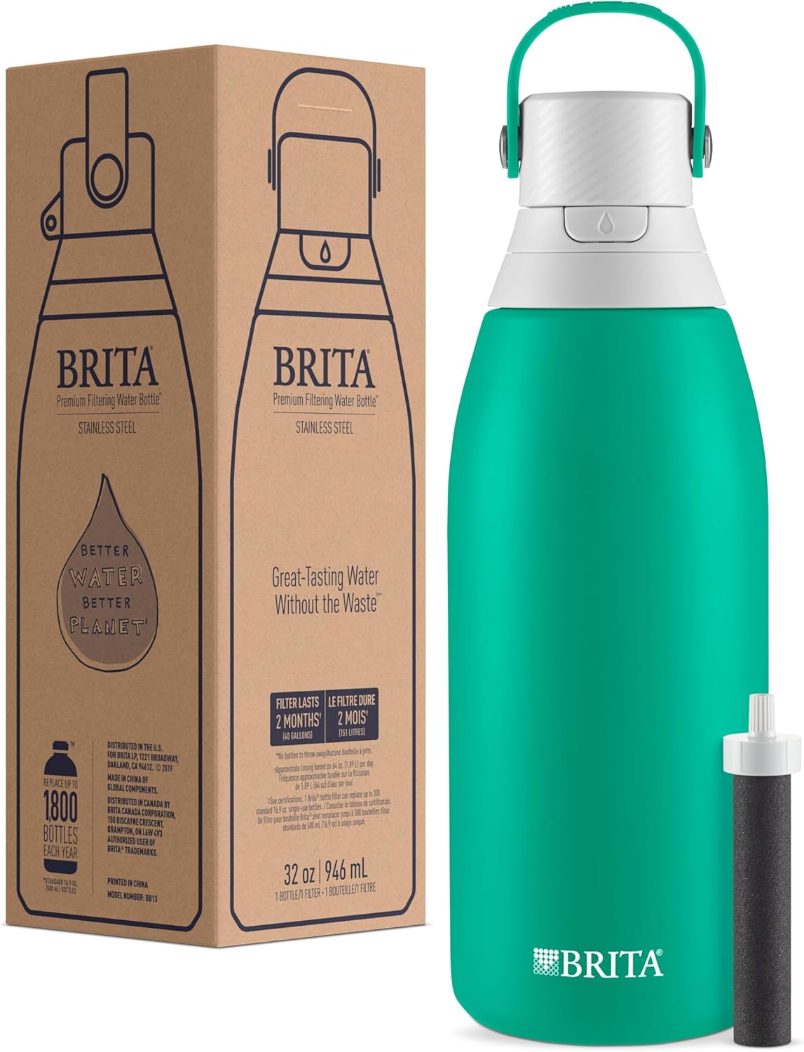 Brita Insulated Filtered Water Bottle with Straw, Reusable, Stainless Steel Metal, Jade, 32 Ounce