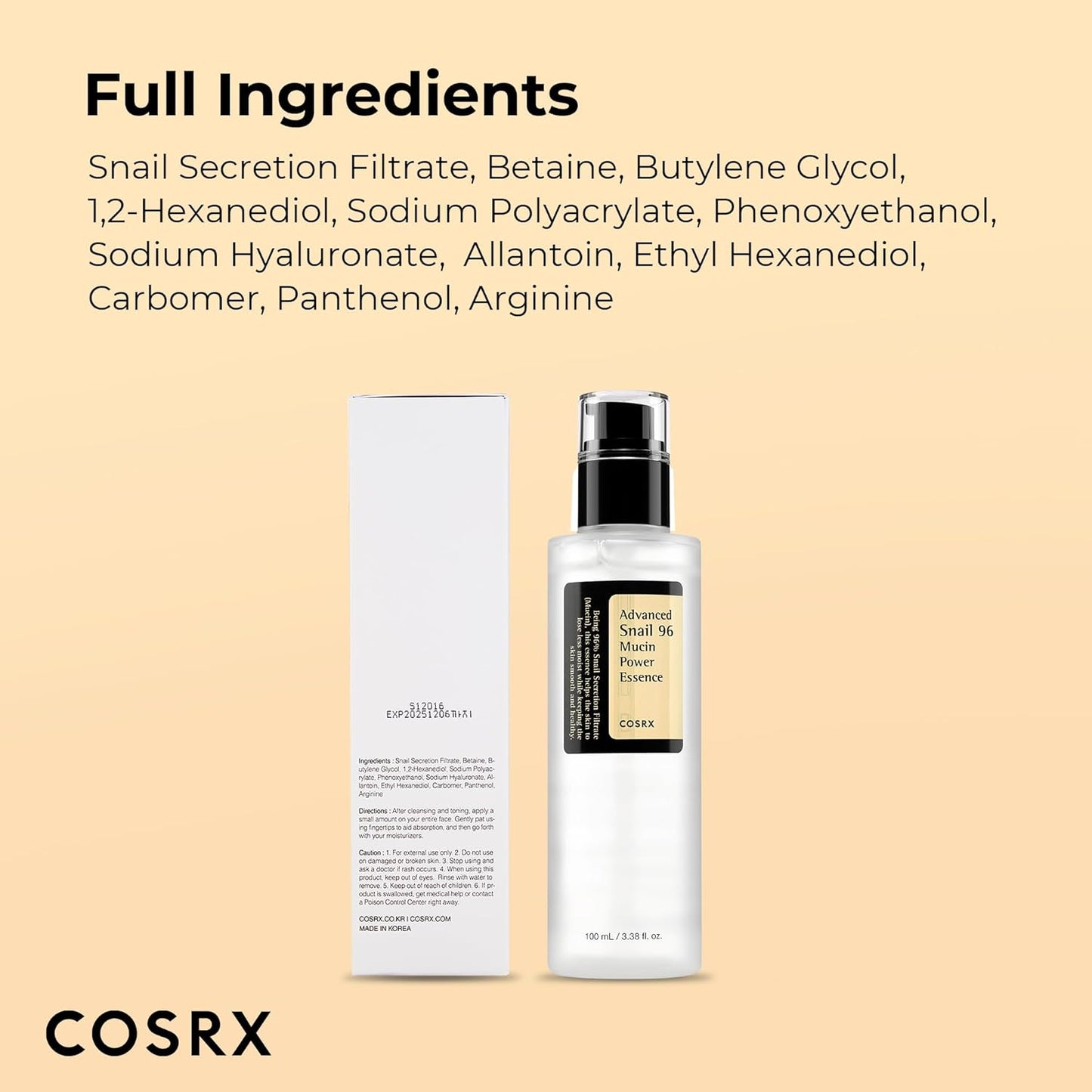 COSRX Snail Mucin 96% Repairing Serum, Hydrating Serum for Face with Snail Secretion Filtrate for Dull Skin & Fine Lines..