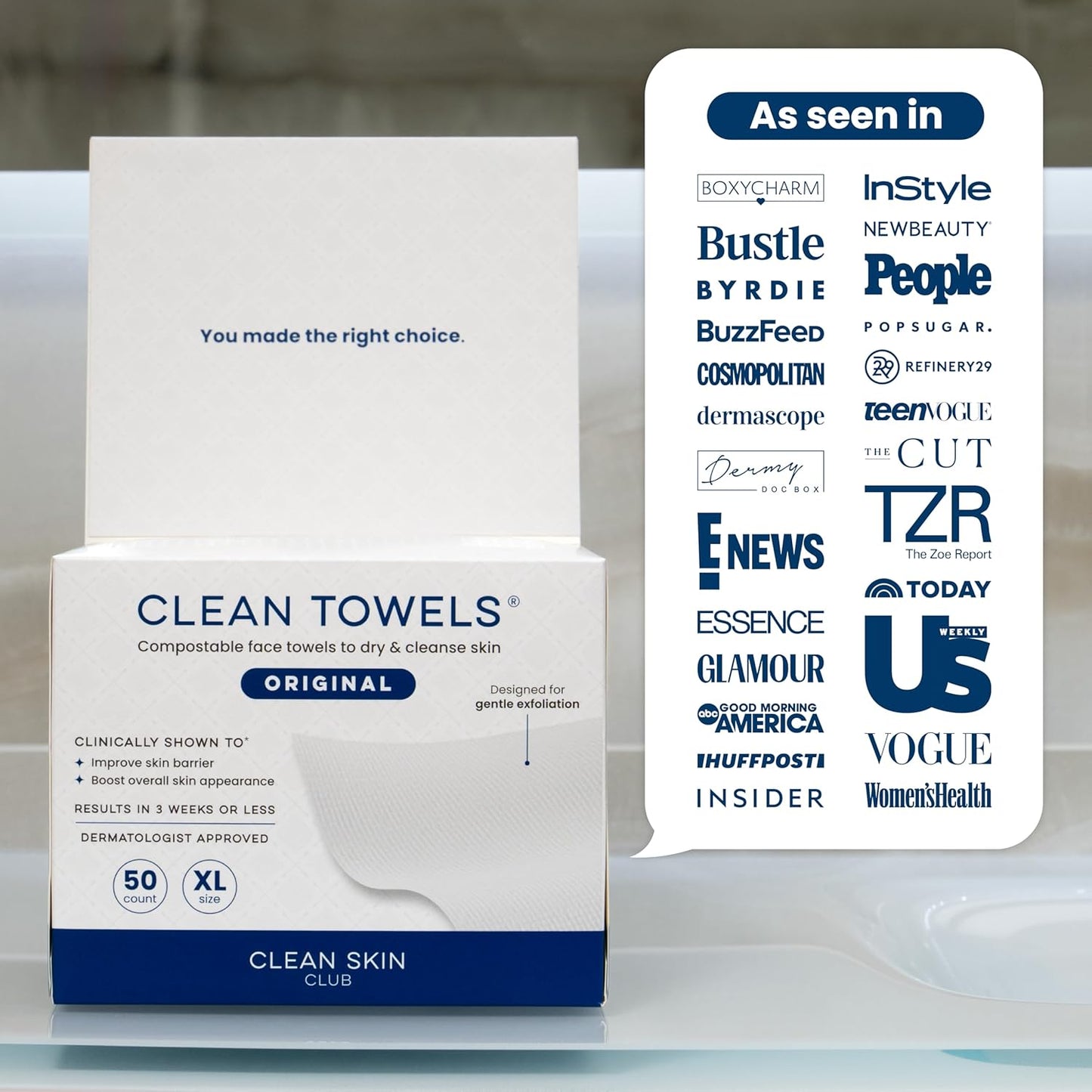 Clean Skin Club Clean Towels XL®, 100% USDA Biobased Face Towel, Disposable Face Towelette, Eczema Association Accepted..