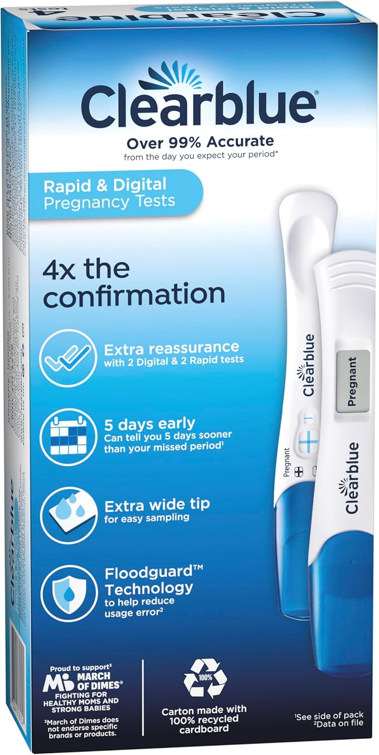 Clearblue Pregnancy Test Combo Pack, 4ct - Digital with Smart Countdown & Rapid Detection - 4 Count (Pack of 1)