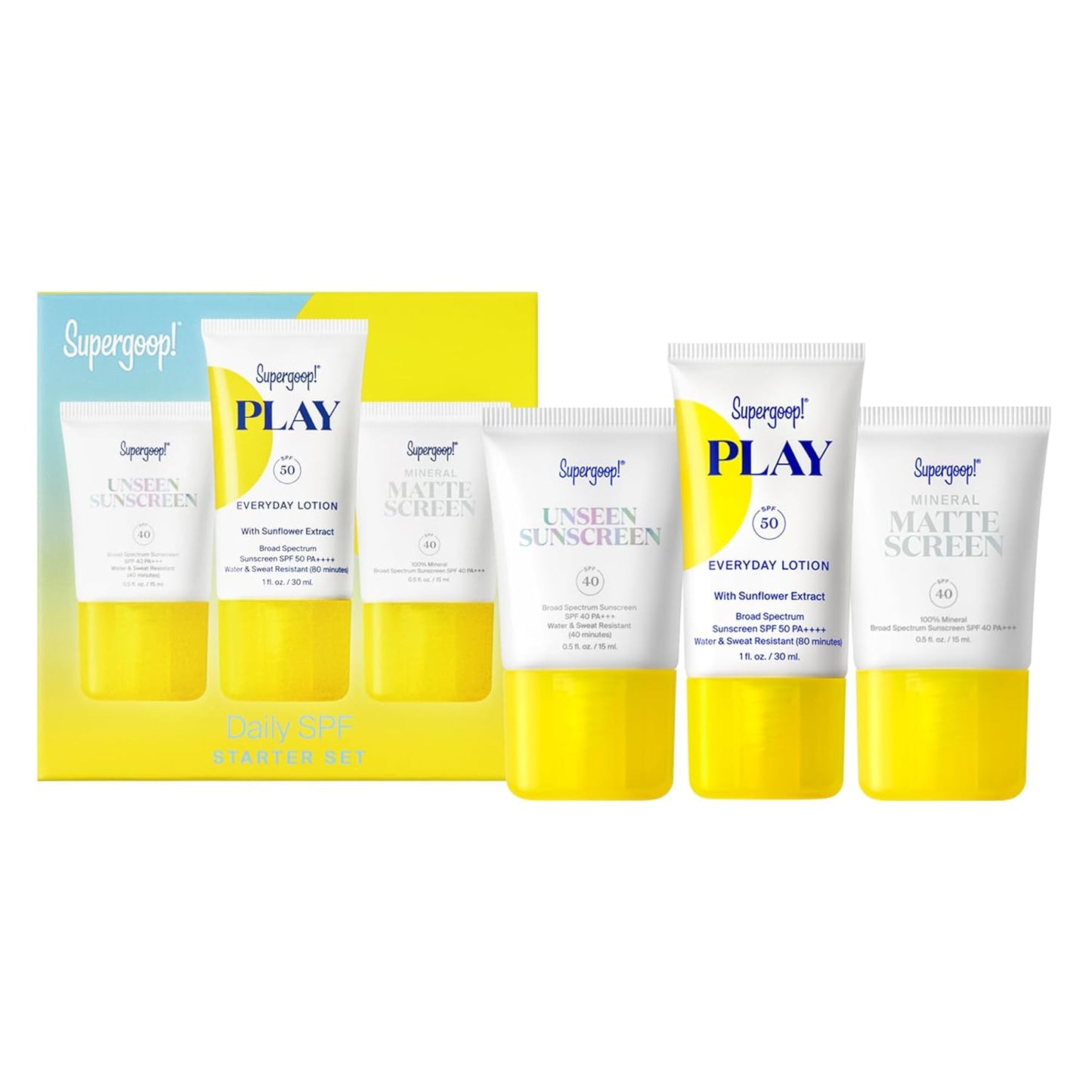 Supergoop! Daily SPF Starter - Includes 3 Travel-Sized SPF Favorites: Unseen Sunscreen SPF 40, Mineral Mattescreen SPF 40..