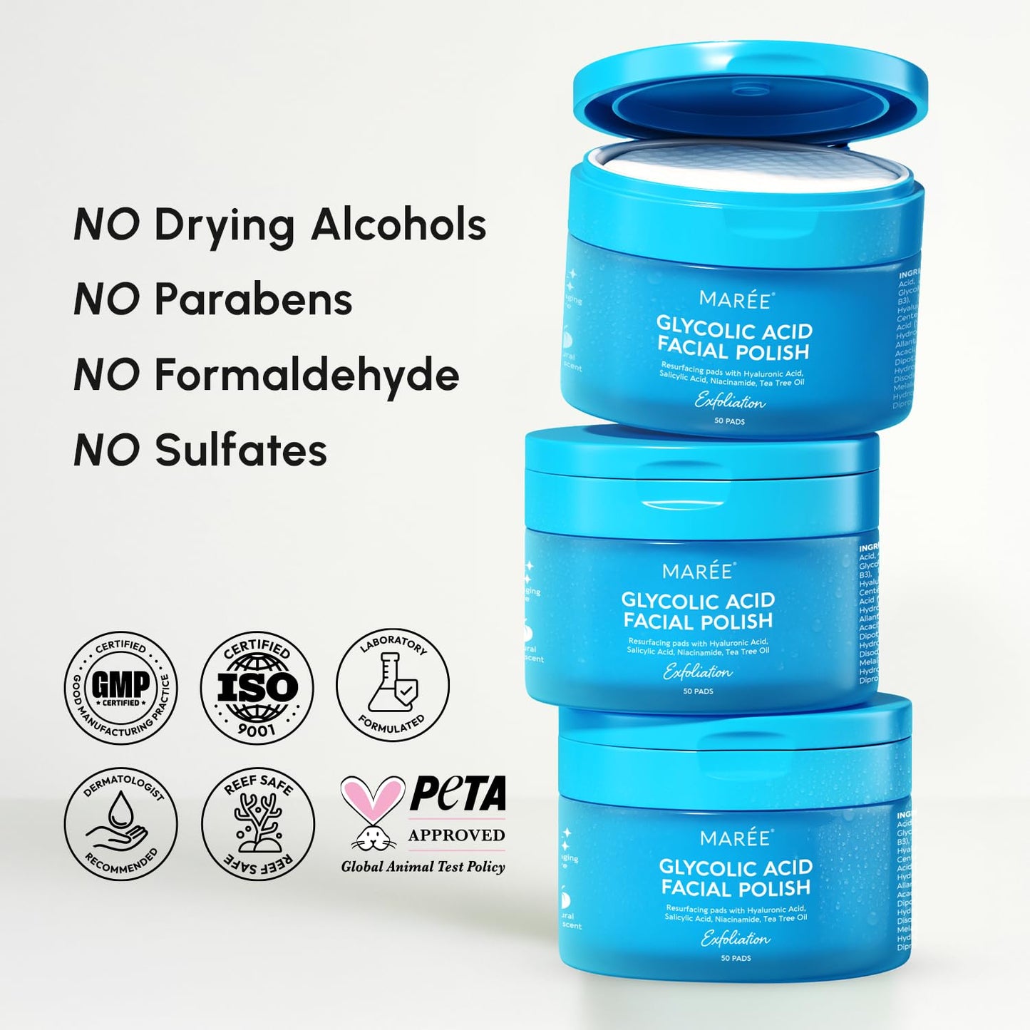 MAREE Glycolic Acid Pads - Toner Pads for Face Cleansing - Exfoliating Pad with Tea Tree Oil, Salicylic Acid & Vitamins E, B3, B5..