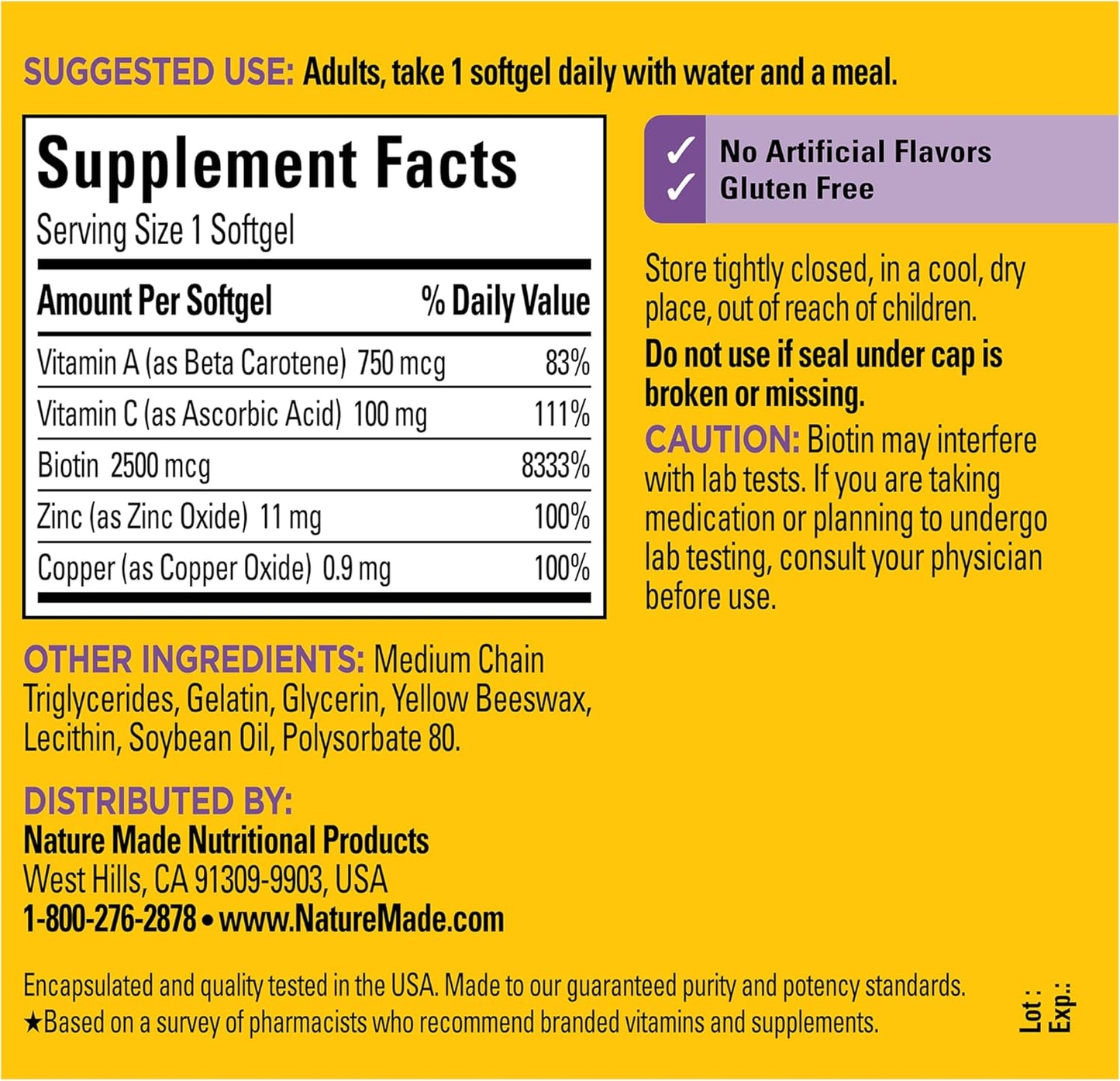 Nature Made Hair Skin and Nails with Biotin 2500 mcg, Dietary Supplement For Healthy Hair Skin and Nails Support..