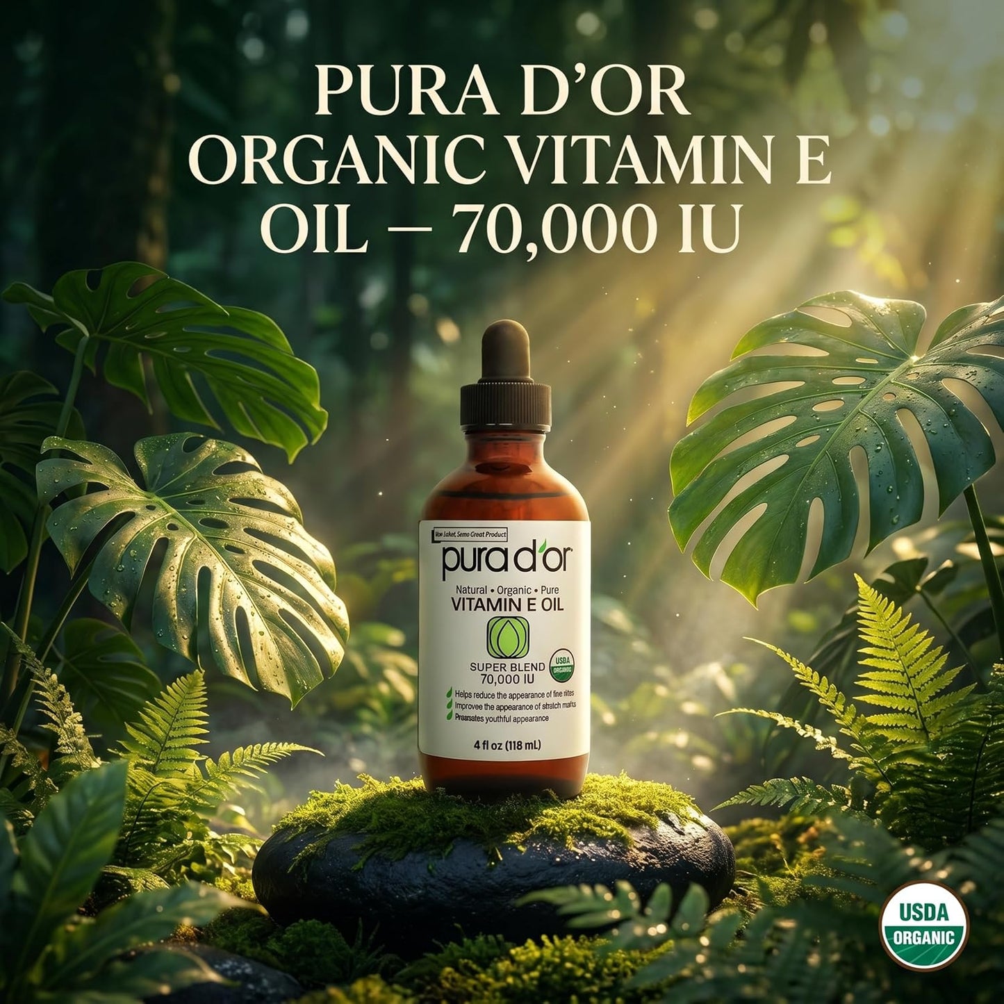 PURA D'OR ORGANIC Vitamin E Oil 70,000 IU Blend for Skin & Face, 4oz