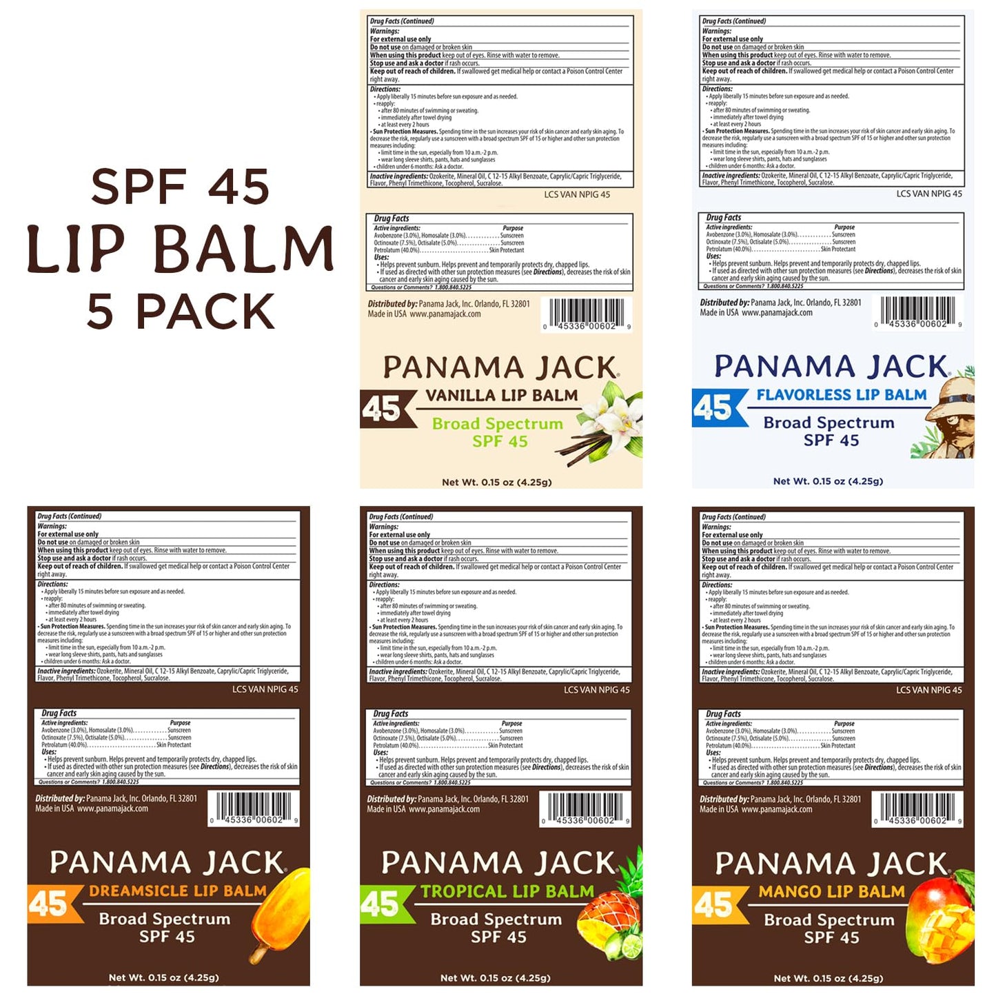 Panama Jack Sunscreen Lip Balm - SPF 45, Flavor Pack, Broad Spectrum UVA-UVB Sunscreen Protection, Prevents & Soothes Dry