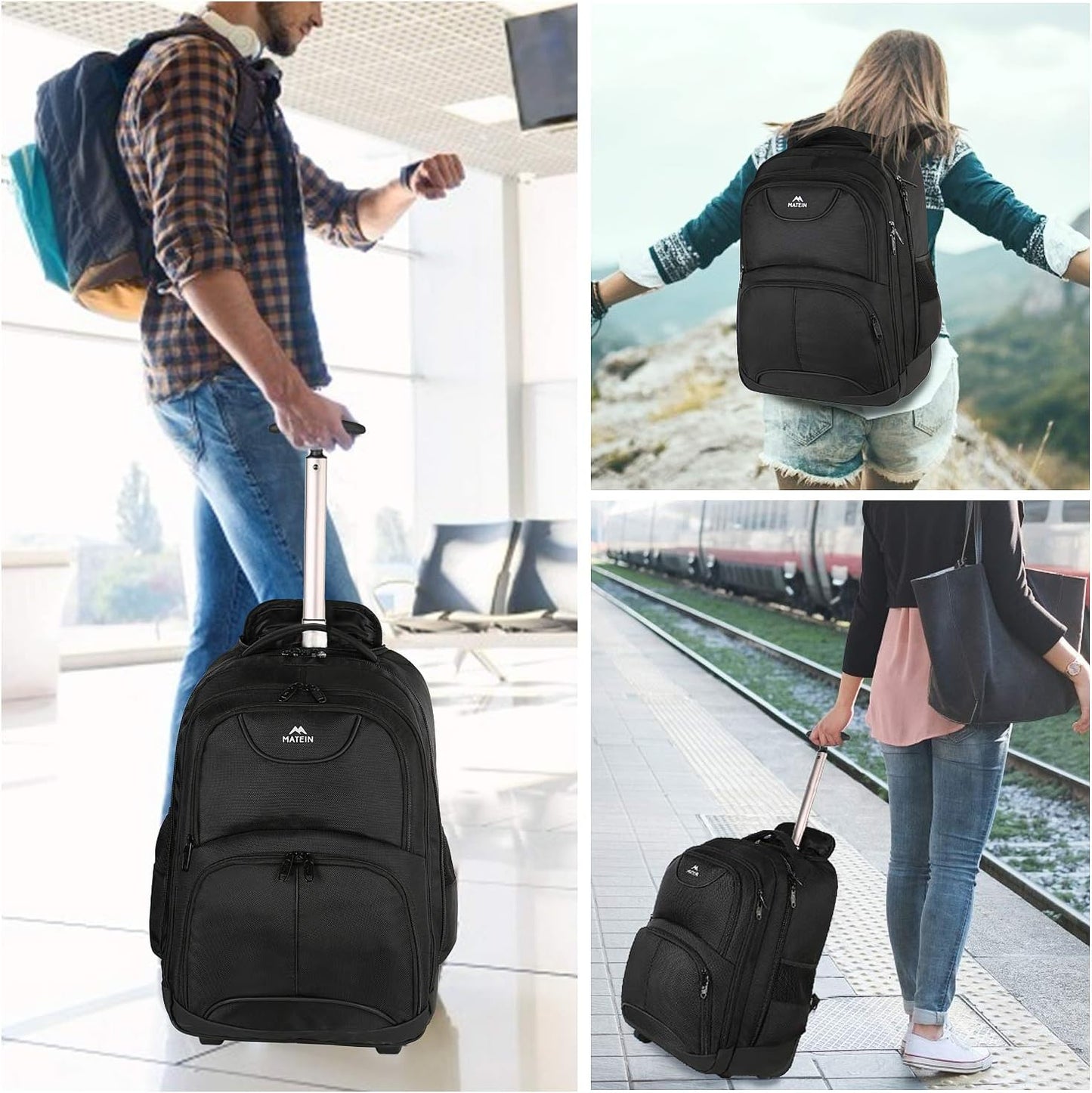 MATEIN Rolling Backpack, 17 inch Water Resistant Wheeled Laptop Backpack for Men Women Adults to Travel, Black