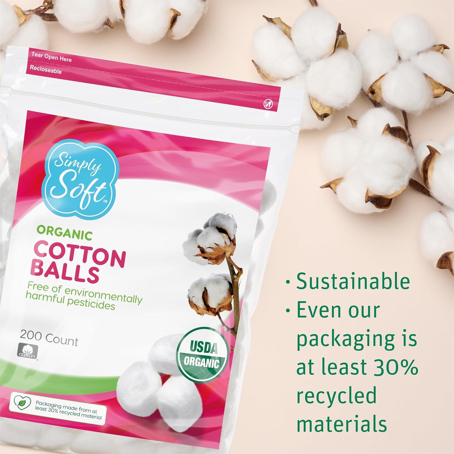 Simply Soft Premium Organic Cotton Balls, 600 Count (3 Bags) 100% Pure Cotton..