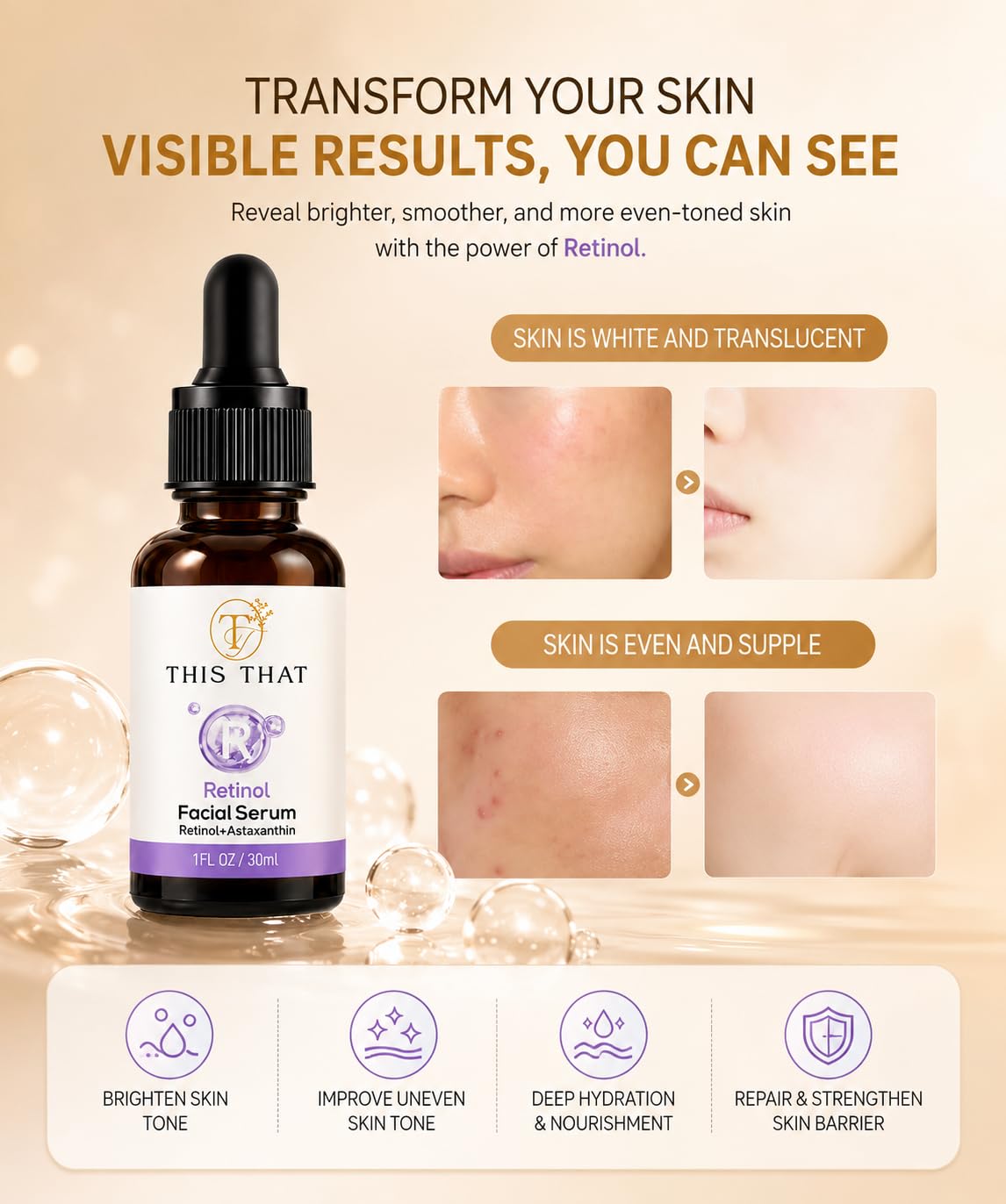 TTFM Retinol Facial Serum 30ml 1.0 Fl OZ | Retinol + Astaxanthin Serum | Hydrating Formula Facial Serum | Skincare For Dull Skin | Anti-Aging Serum