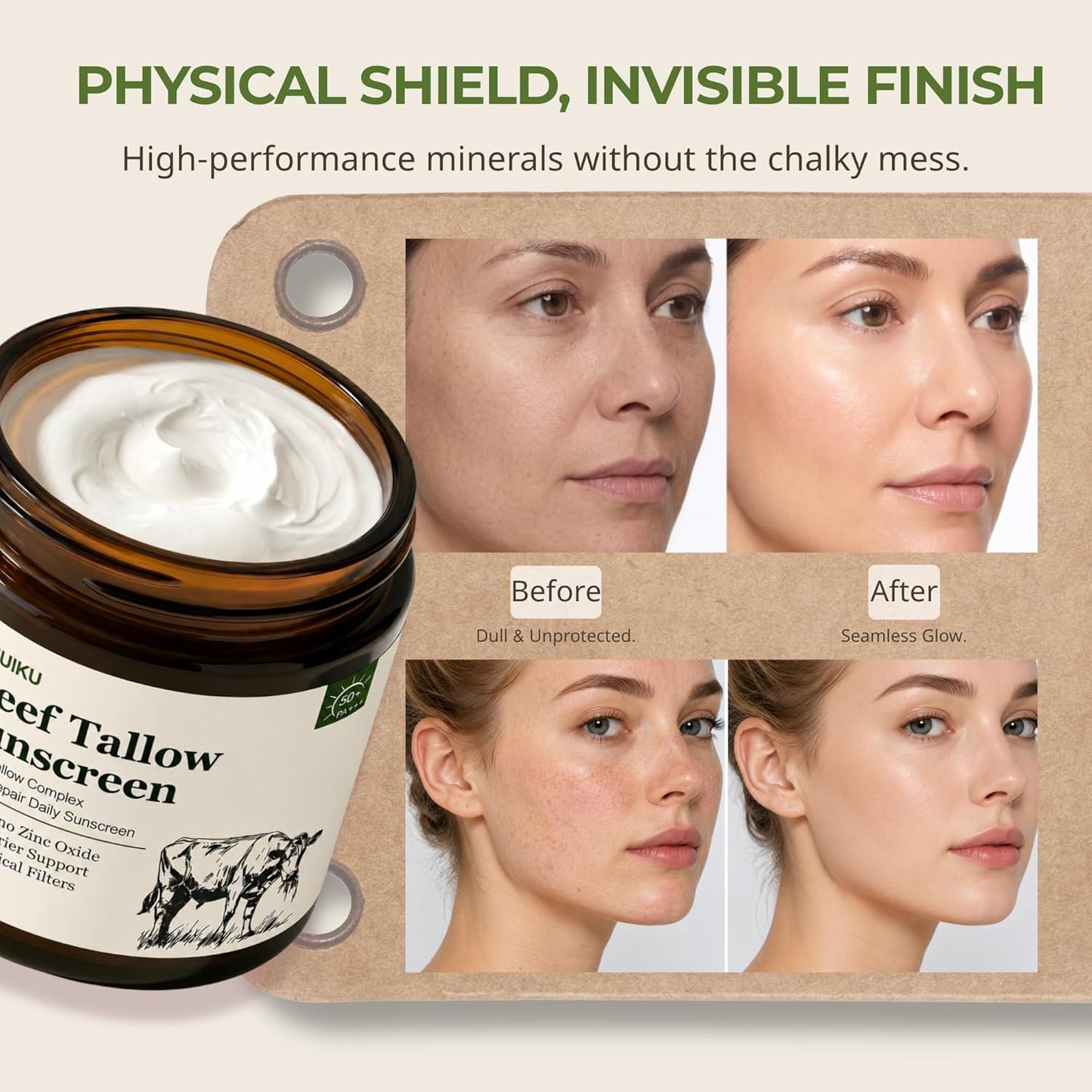 Beef Tallow Sunscreen SPF 50 for Face & Body, Organic Mineral Sunscreen with Non-Nano Zinc Oxide..