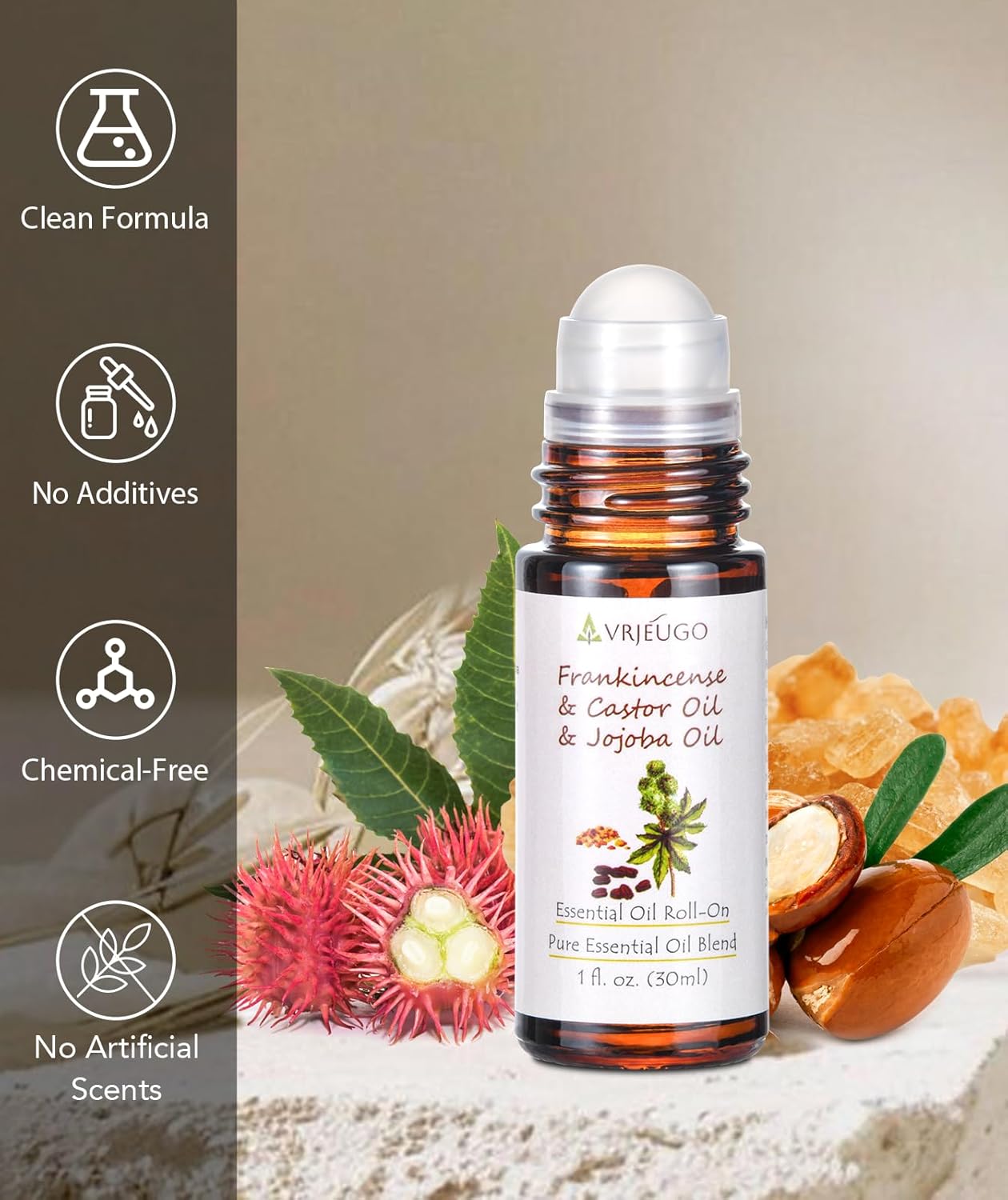Organic Frankincense, Castor & Jojoba Oil Roll-On – 3-in-1 Blend 100% Pure Essential Oil Blend for Face & Body..