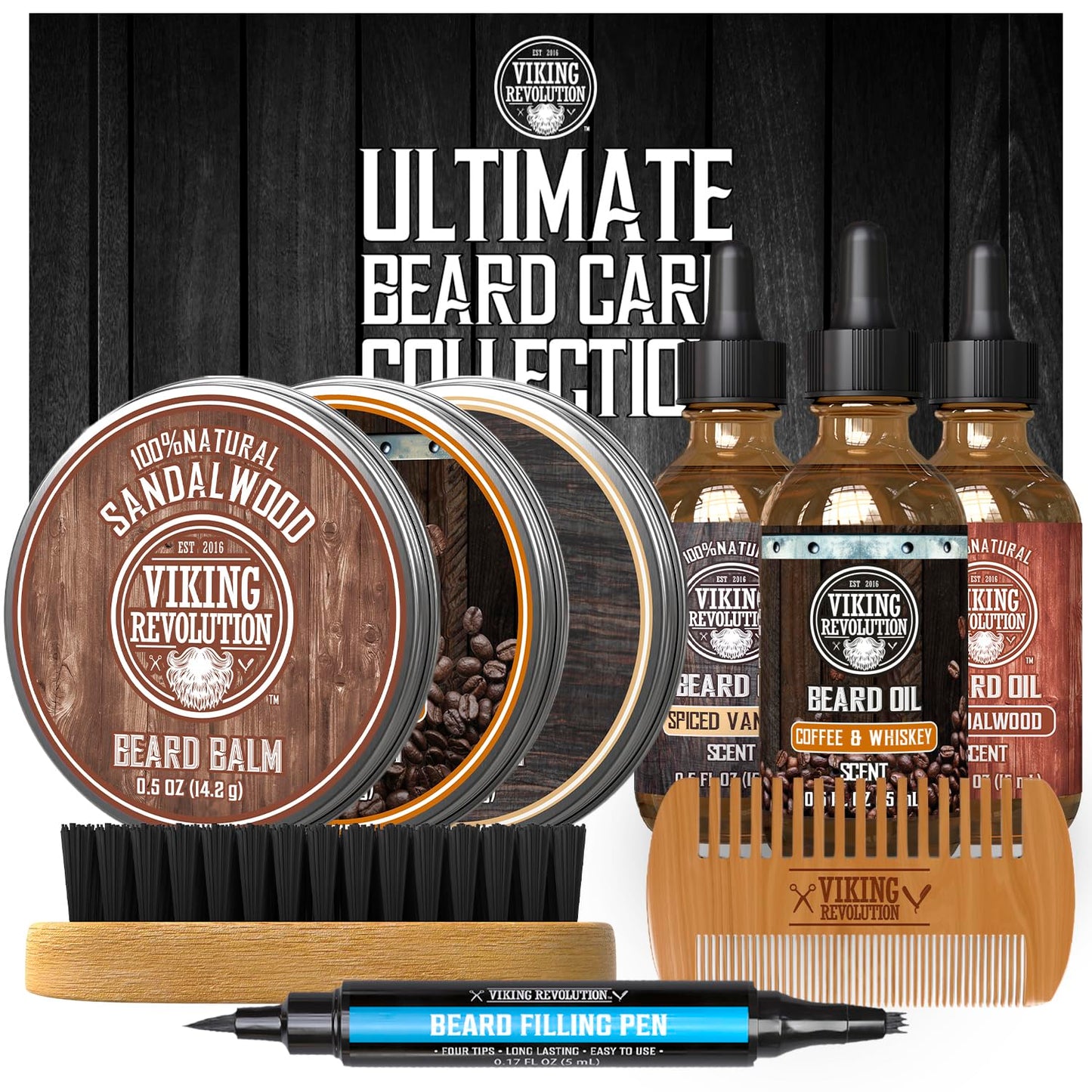 Viking Revolution Ultimate Beard Care Collection - Gifts for Men Includes Oil, Balm, Brush, Comb and Pen..