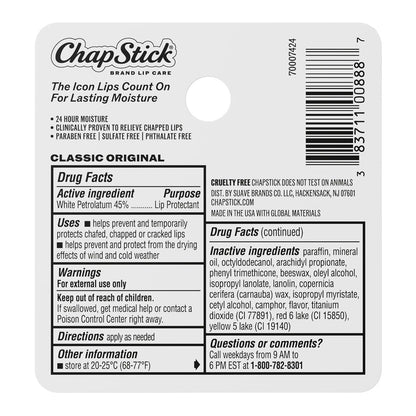 ChapStick Classic Original Lip Balm Tubes, Lip Care - 0.15 Oz (Pack of 12)