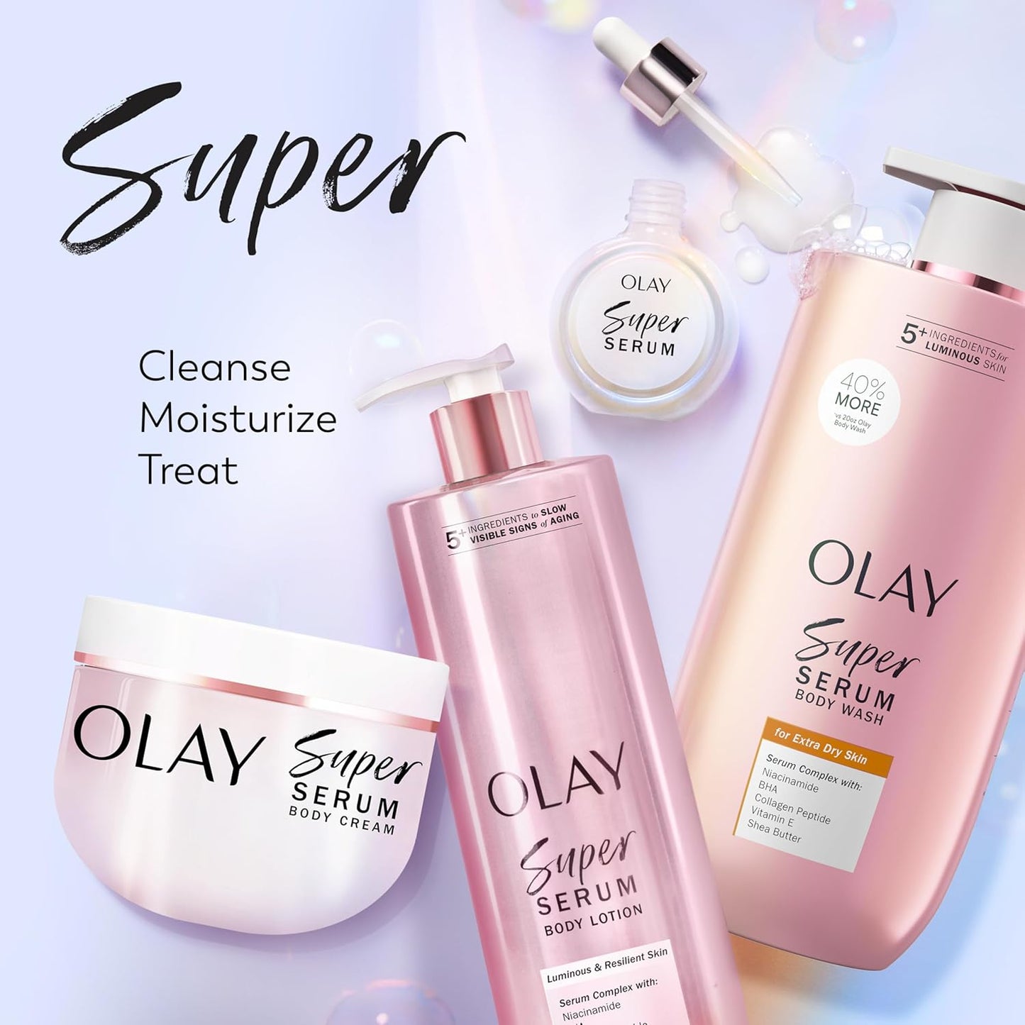 Olay Super Serum Body Wash for Extra Dry Skin, 24hr Long Lasting Rich Hydration, 5+ Ingredient Complex for Bright, Even, Firm, & Luminous Skin..