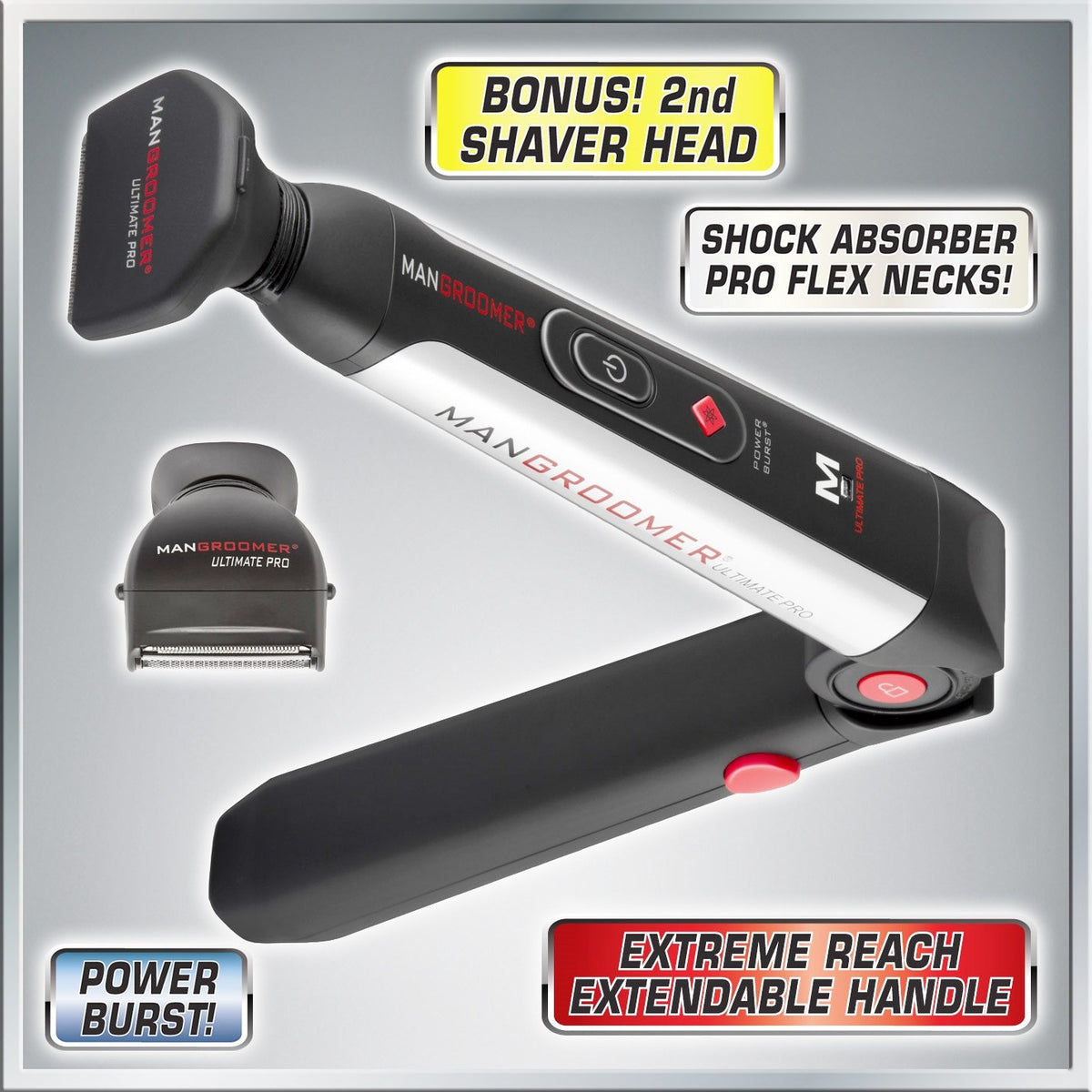 MANGROOMER Ultimate Pro Back Shaver with 2 Shock Absorber Flex Heads, Black and Red, 1 Count,& Size: 3 Piece Set