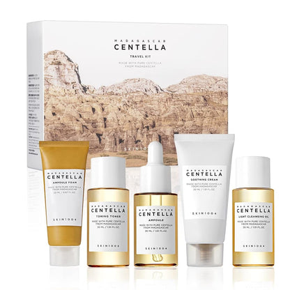 SKIN1004 Madagascar Centella Travel Kit, Toner, Ampoule, Soothing Cream, Cleansing Oil, Ampoule Foam, Basic Skincare Trial Kit Box