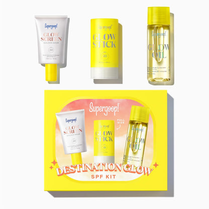 Supergoop! Destination Glow - Includes 3 Travel-Sized Glowy SPF Favorites: Glowscreen SPF 40, Glow Stick SPF 50..