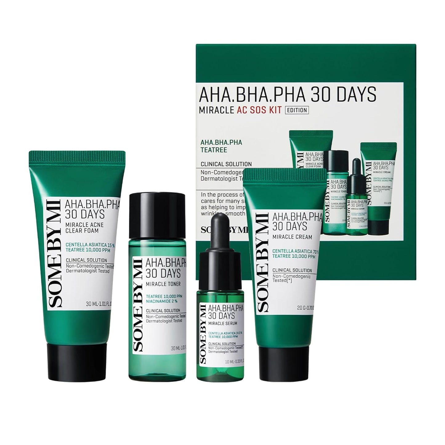 SOME BY MI AHA BHA PHA 30Days Miracle AC SOS Kit - Toner 1.01Oz, Serum 0.33Oz, Cream 0.7Oz, Foam 1.01Oz..