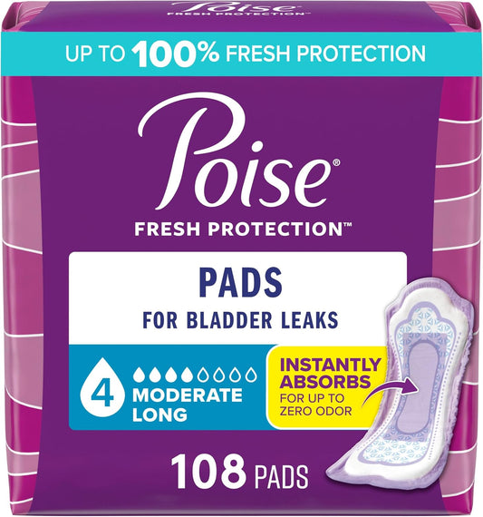 Poise Incontinence Pads for Women, 4 Drop, Long, 108 ct