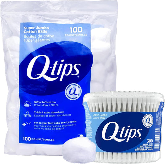Q-tips Cotton Swabs 300 Count Vanity Tub + Super Jumbo Cotton Balls 100 Count for Home, First Aid and Beauty, Natural