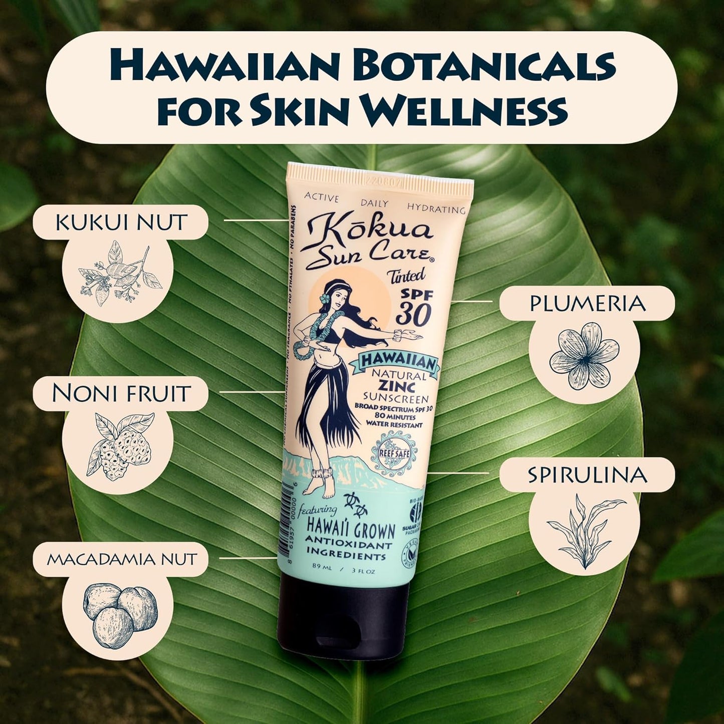 Kokua Sun Care Hawaiian Reef Safe SPF 30 | Zinc Oxide | Tinted Mineral for Face & Body...