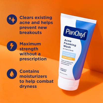 PanOxyl Acne Foaming Wash for face &amp; body Benzoyl Peroxide 10% Maximum Strength Antimicrobial, 3 oz. - Travel Size
