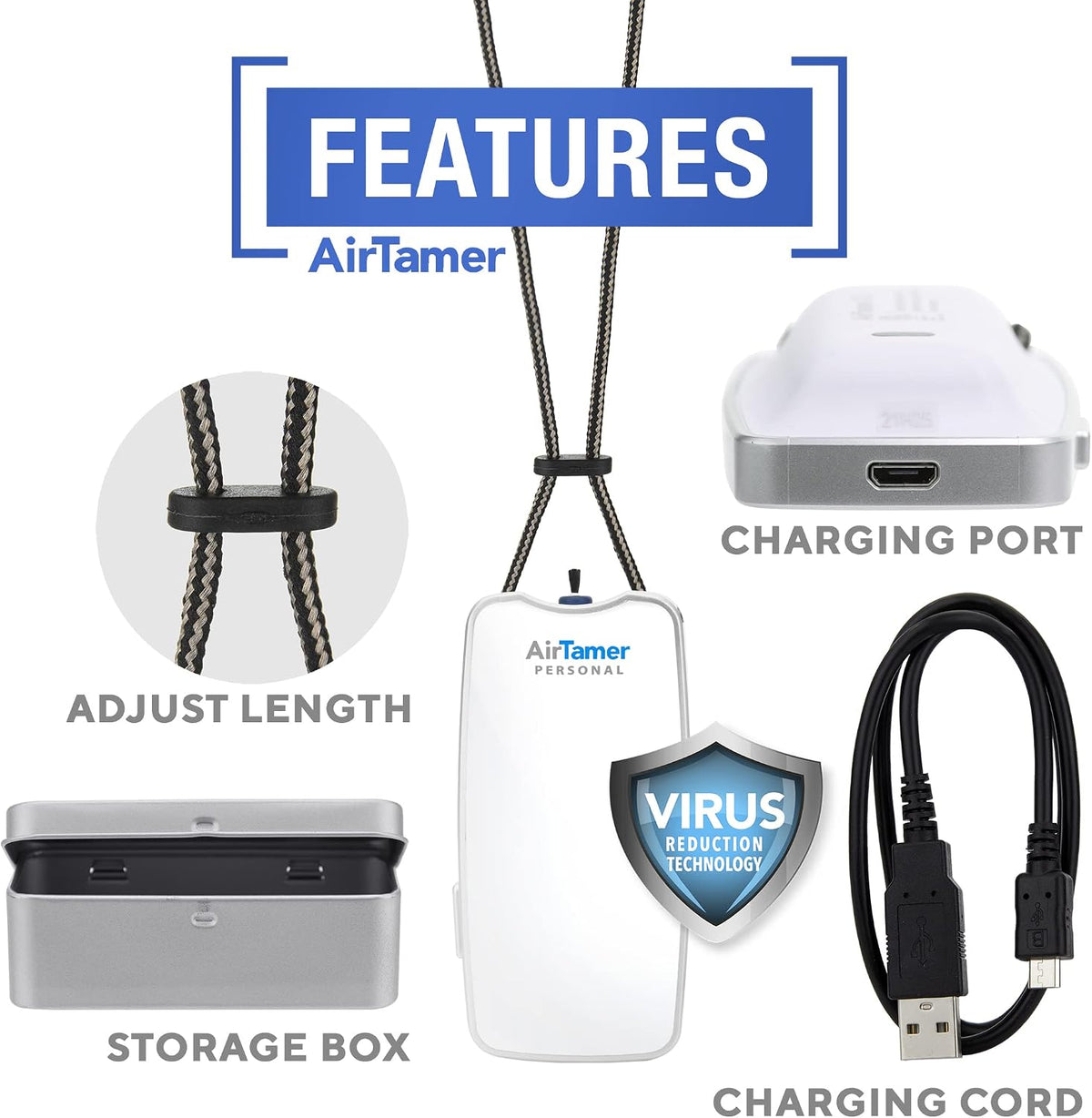 AirTamer A310W Wearable Personal Air Purifier, Rechargeable, White