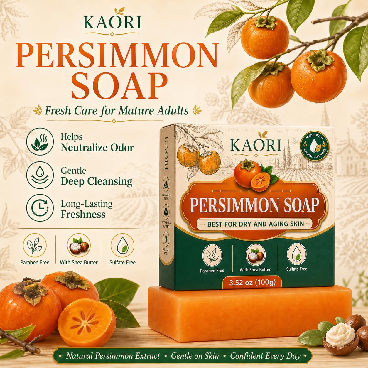 KAORI Deodorizing Persimmon Soap | Feel fresh and clean all day long | with Persimmon Extract for Men & Women (1pc)