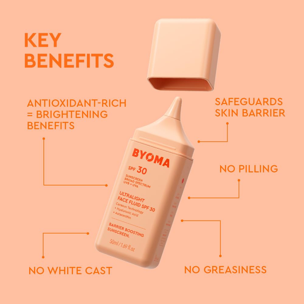 BYOMA SPF 30 Face Fluid - Ultra-Lightweight Facial Sunscreen for All Skin Tones - Luminous Glow, No White Cast..