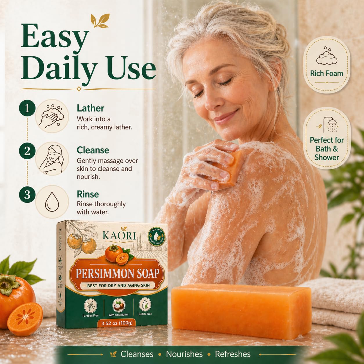 KAORI Deodorizing Persimmon Soap | Feel fresh and clean all day long | with Persimmon Extract for Men & Women (1pc)