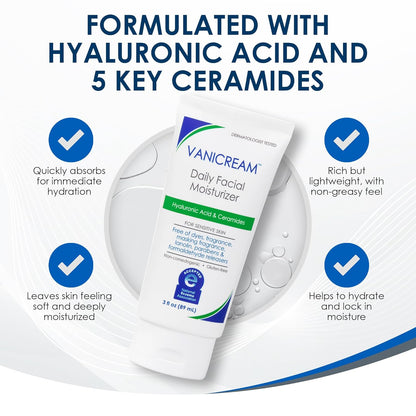 Vanicream Daily Facial Moisturizer With Ceramides and Hyaluronic Acid, 3 fl oz (Pack of 1)