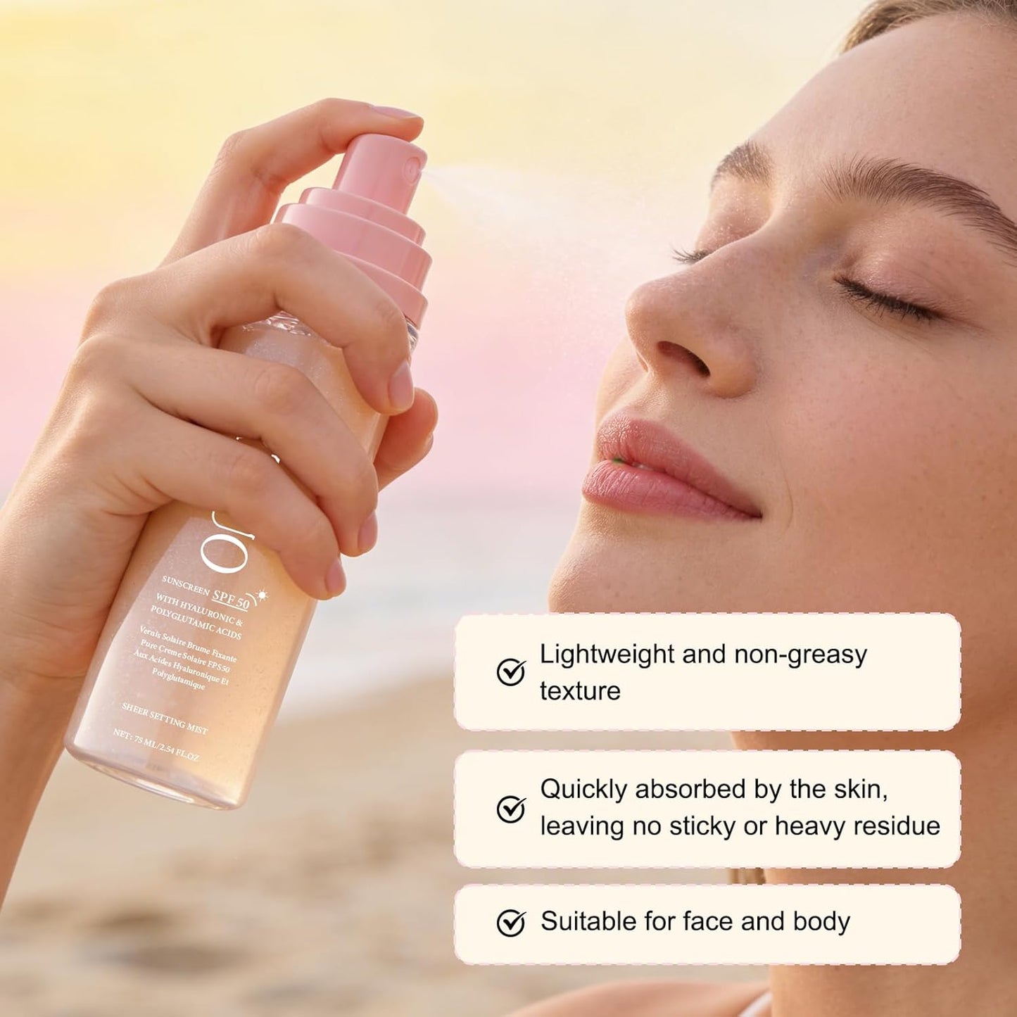 SPF Setting Spray for Face & Body - Sheer Sunscreen Mist SPF 50, Makeup-Friendly Setting Mist with Hydrating Glow..