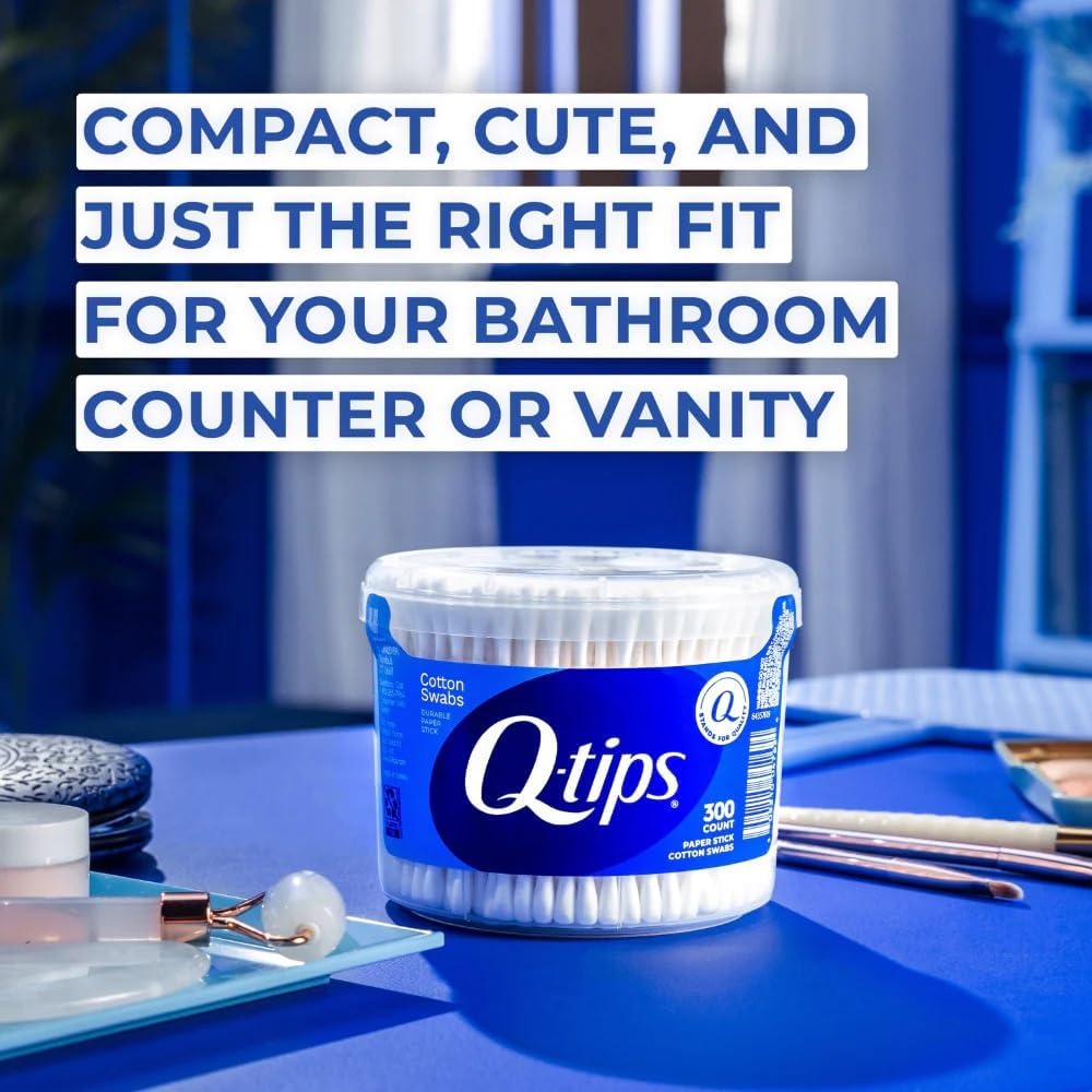 Q-tips Cotton Swabs 300 Count Vanity Tub + Super Jumbo Cotton Balls 100 Count for Home, First Aid and Beauty, Natural