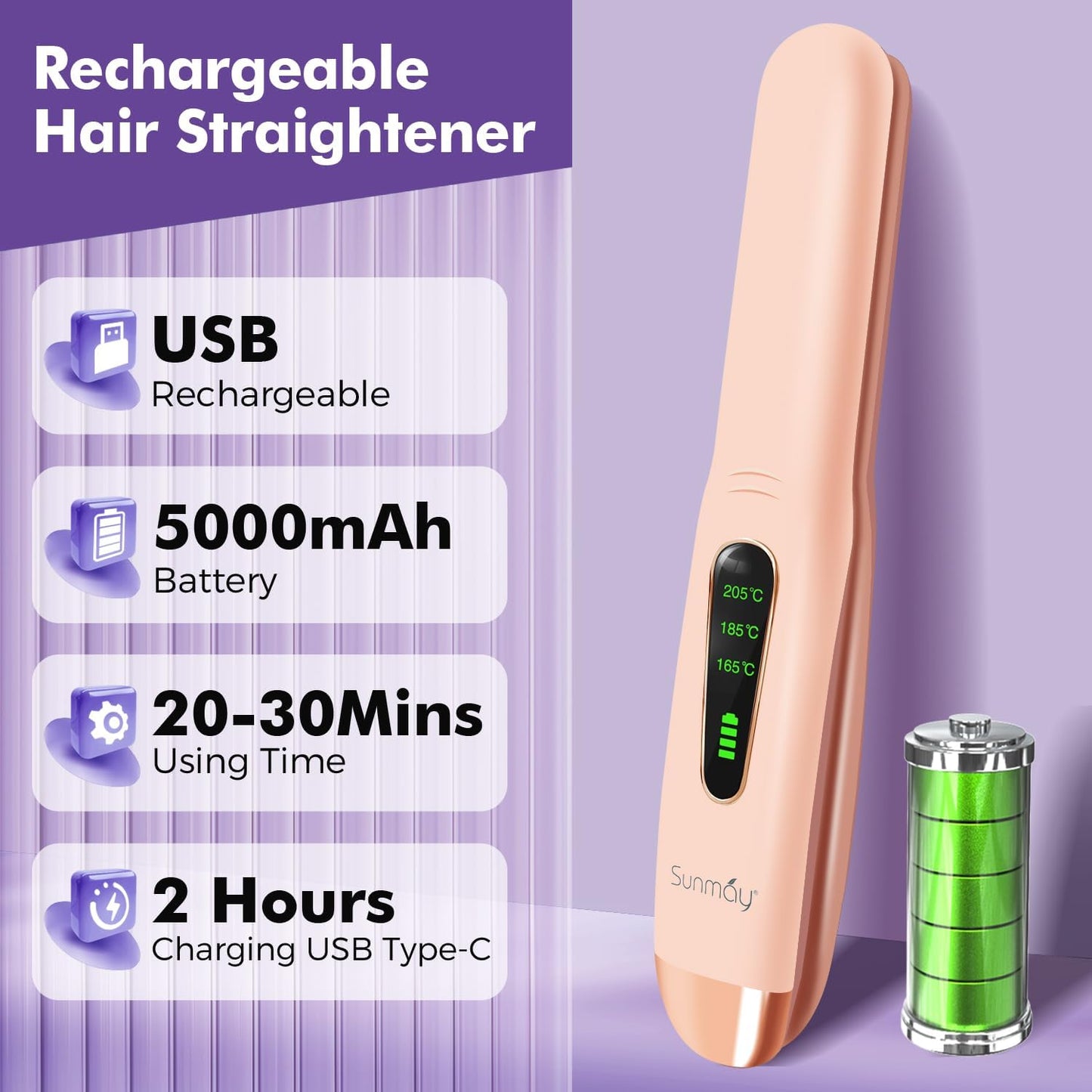 SUNMAY Cordless Hair Straightener, Titanium Portable Straightener for Travel, Heat-up in Seconds, USB-C Fast Charge
