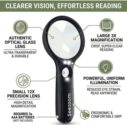SeeZoom Magnifying Glass with Light, 3X Large Lens + 12X High Power Lens