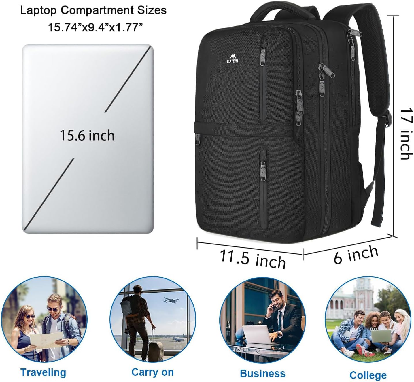 MATEIN Travel Laptop Backpack, Flight Approved Carry on Backpack, 15.6 inch Laptop,  Black