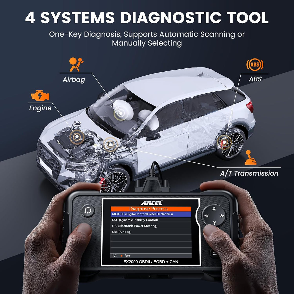 ANCEL FX2000-US OBD2 Scanner, 4-System Car Diagnostic Tool with Live Data