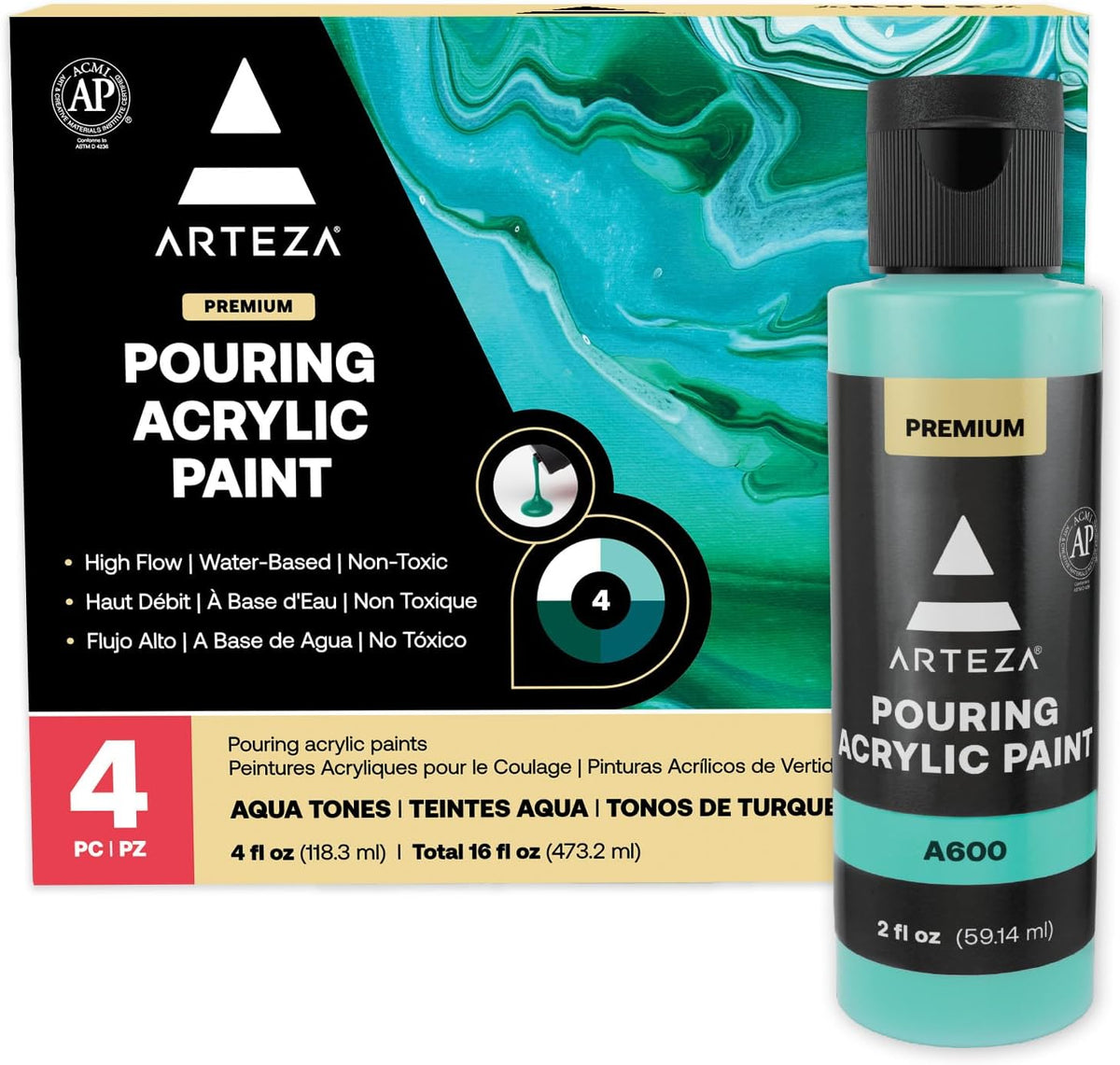 ARTEZA Acrylic Pouring Paint Set of 4 Colors, 4 ounce Bottles, Aqua Tones