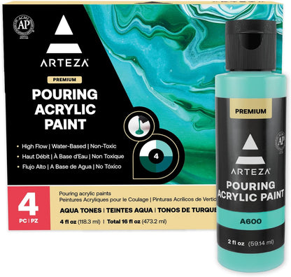 ARTEZA Acrylic Pouring Paint Set of 4 Colors, 4 ounce Bottles, Aqua Tones