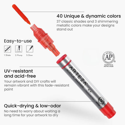 Acrylic Paint Markers, 40 Colors, Reversible Chisel Nibs