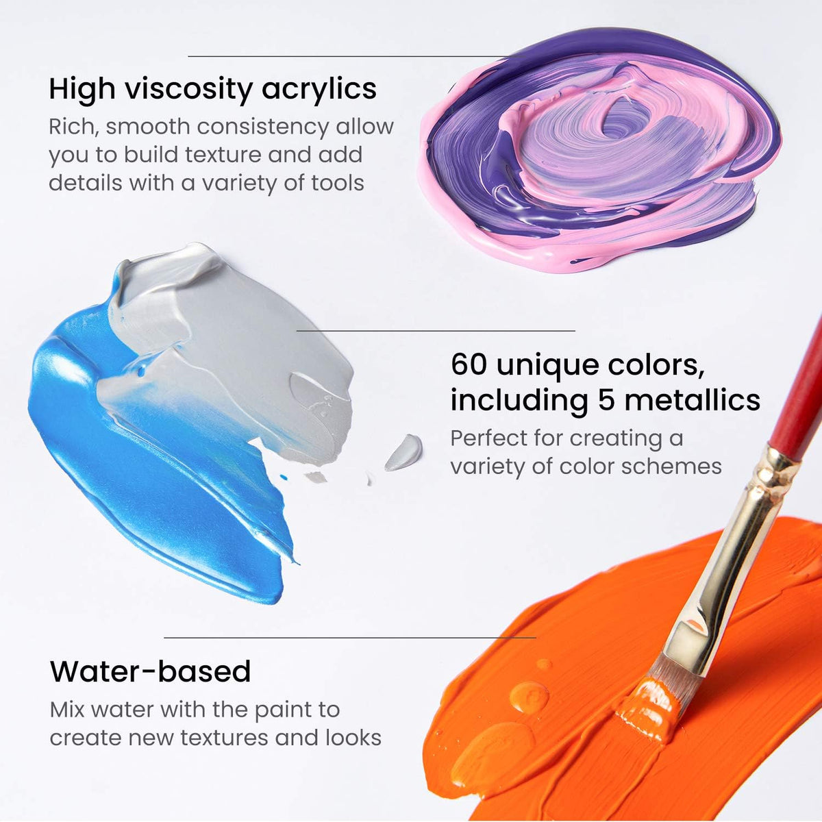 ARTEZA Acrylic Paint Set, 60 Colors, 22 ml Tubes, High-Viscosity