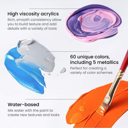 ARTEZA Acrylic Paint Set, 60 Colors, 22 ml Tubes, High-Viscosity