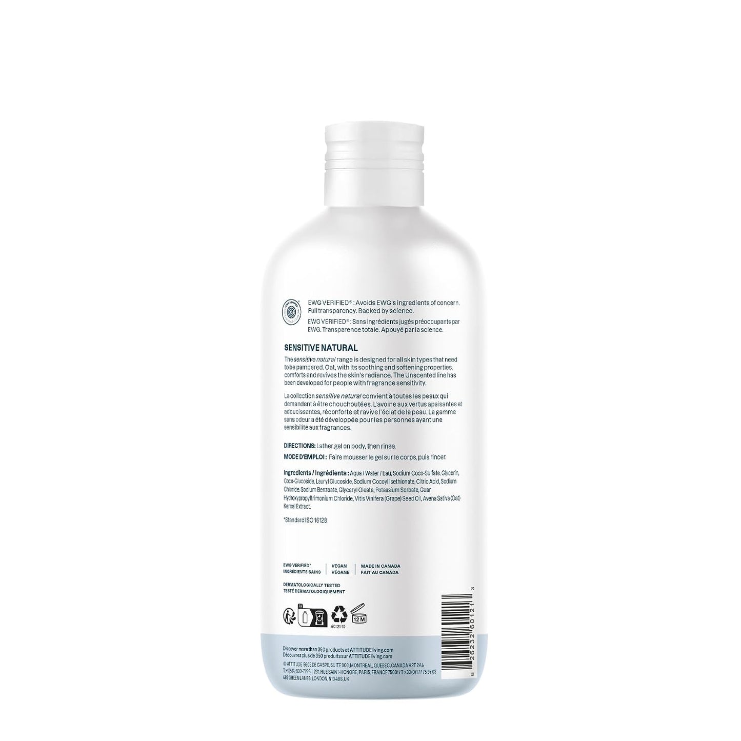 ATTITUDE Body Wash for Sensitive Skin with Oat, EWG Verified, Dermatologically Tested, Vegan, Extra Gentle, Unscented, 16 Fl Oz