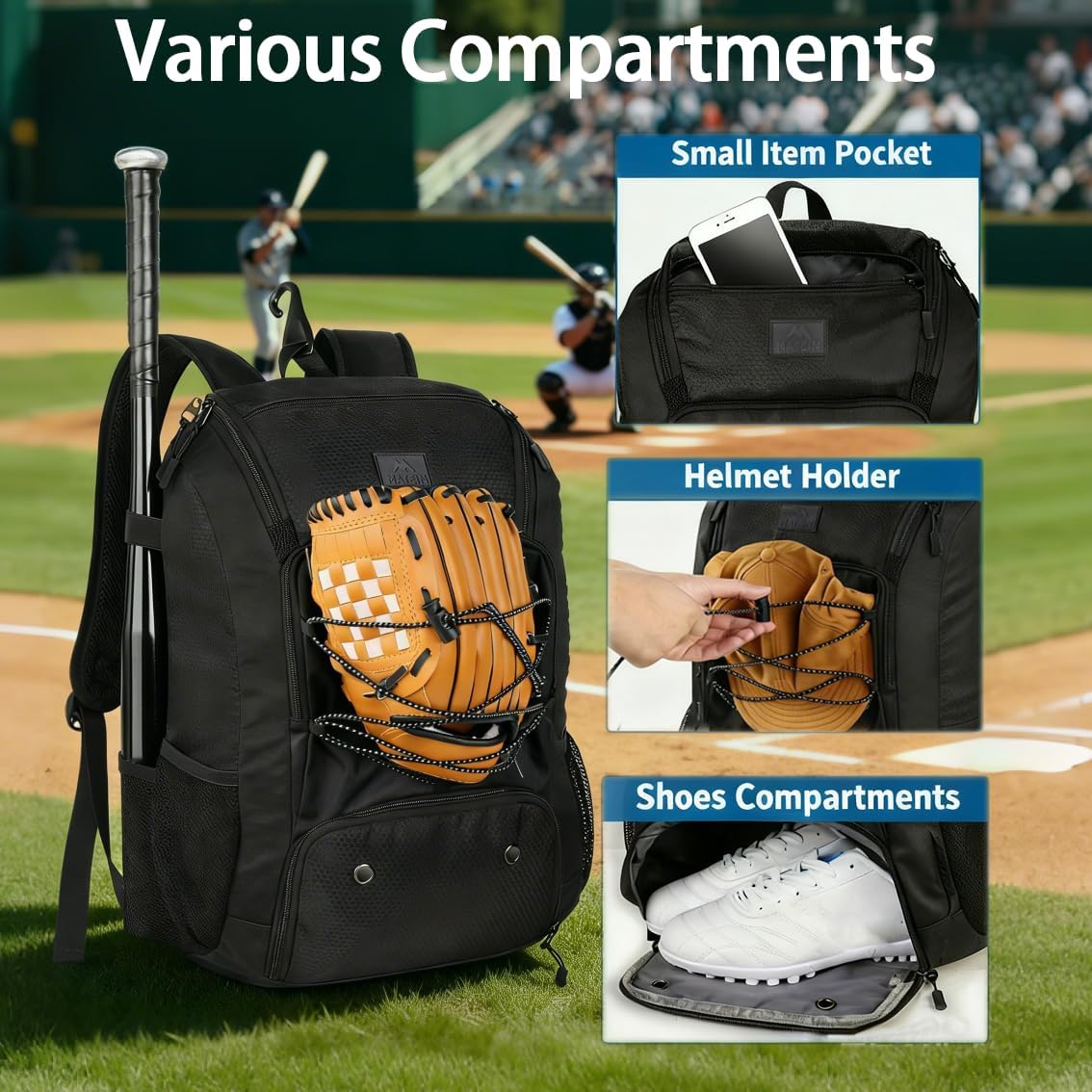 MATEIN Baseball Backpack, Softball Bat Bag with Shoes Compartment for Youth, Boys and Adult, Lightweight Baseball Bag