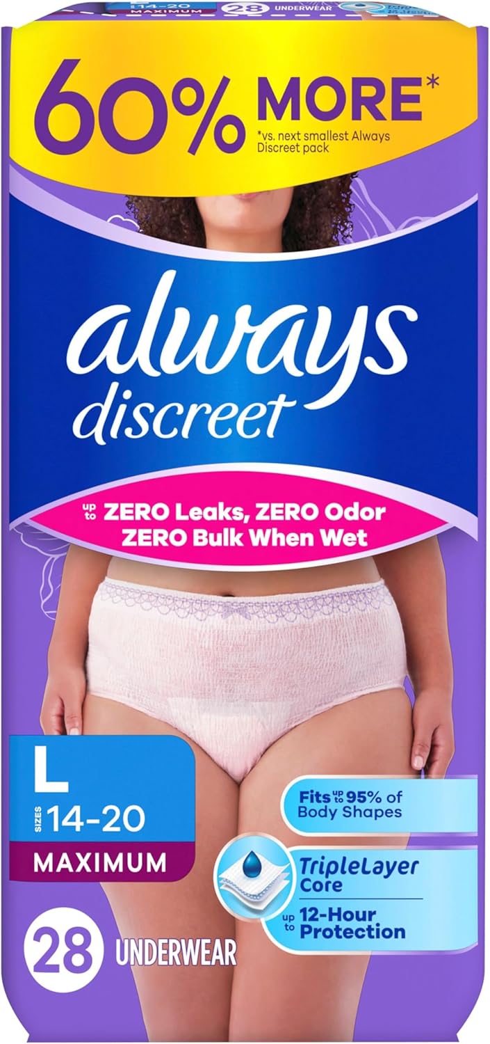 Always Discreet Adult Diapers for Women, Incontinence Underwear, Large, 28ct