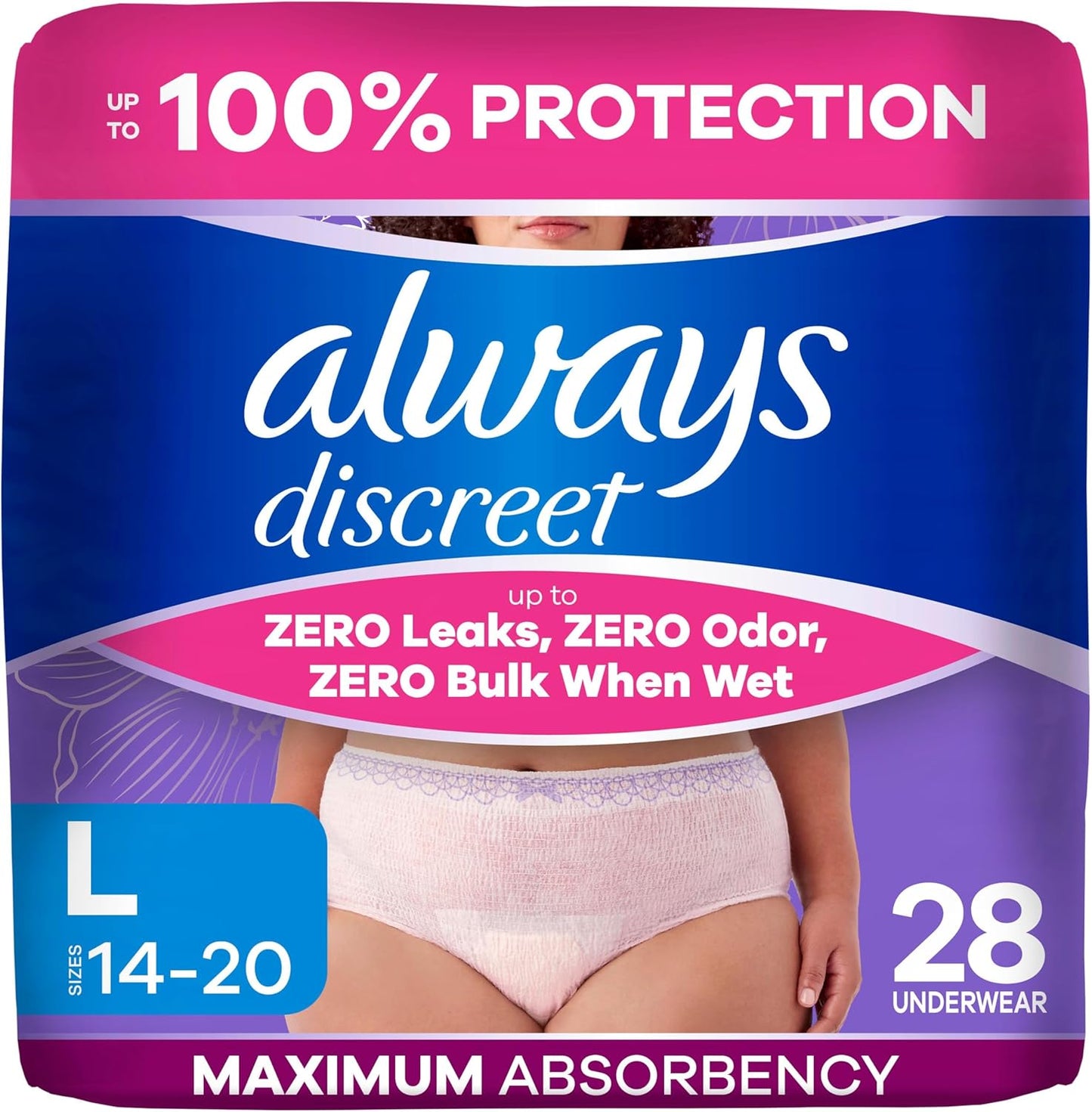 Always Discreet Adult Diapers for Women, Incontinence Underwear, Large, 28ct