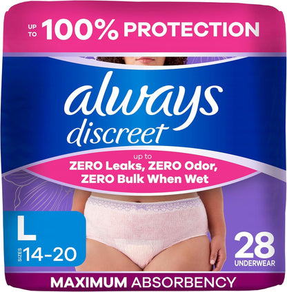 Always Discreet Adult Diapers for Women, Incontinence Underwear, Large, 28ct