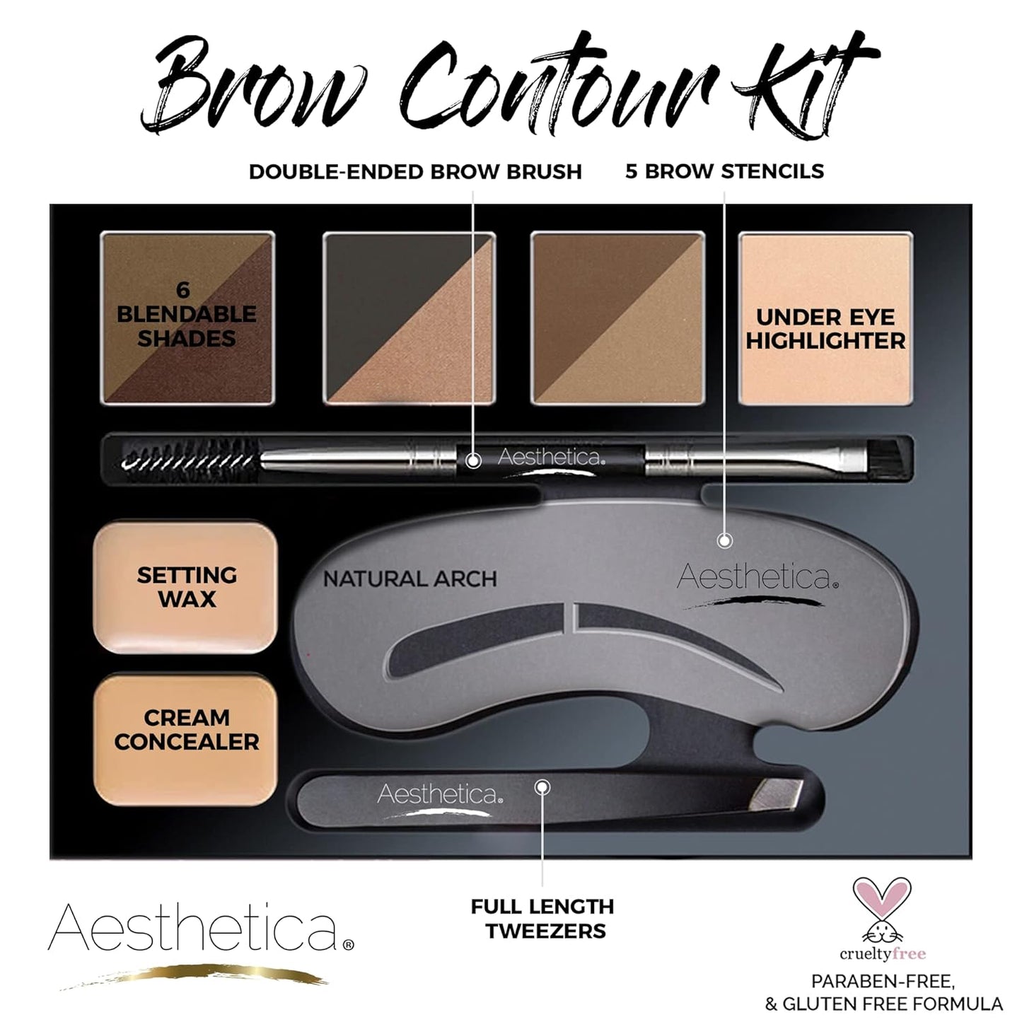 Aesthetica Brow Contour Kit 16-Piece Eyebrow Makeup Palette Set 6 Eyebrow Powders, 5 Eyebrow Stencils..